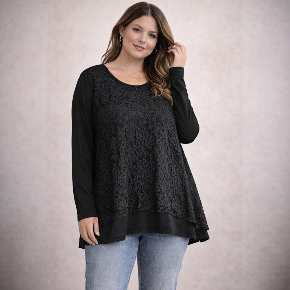 Women's Black Lace Tunic Top Basic Flowy Long Sleeve Blouse Plus & Regular Size - Picture 1 of 5